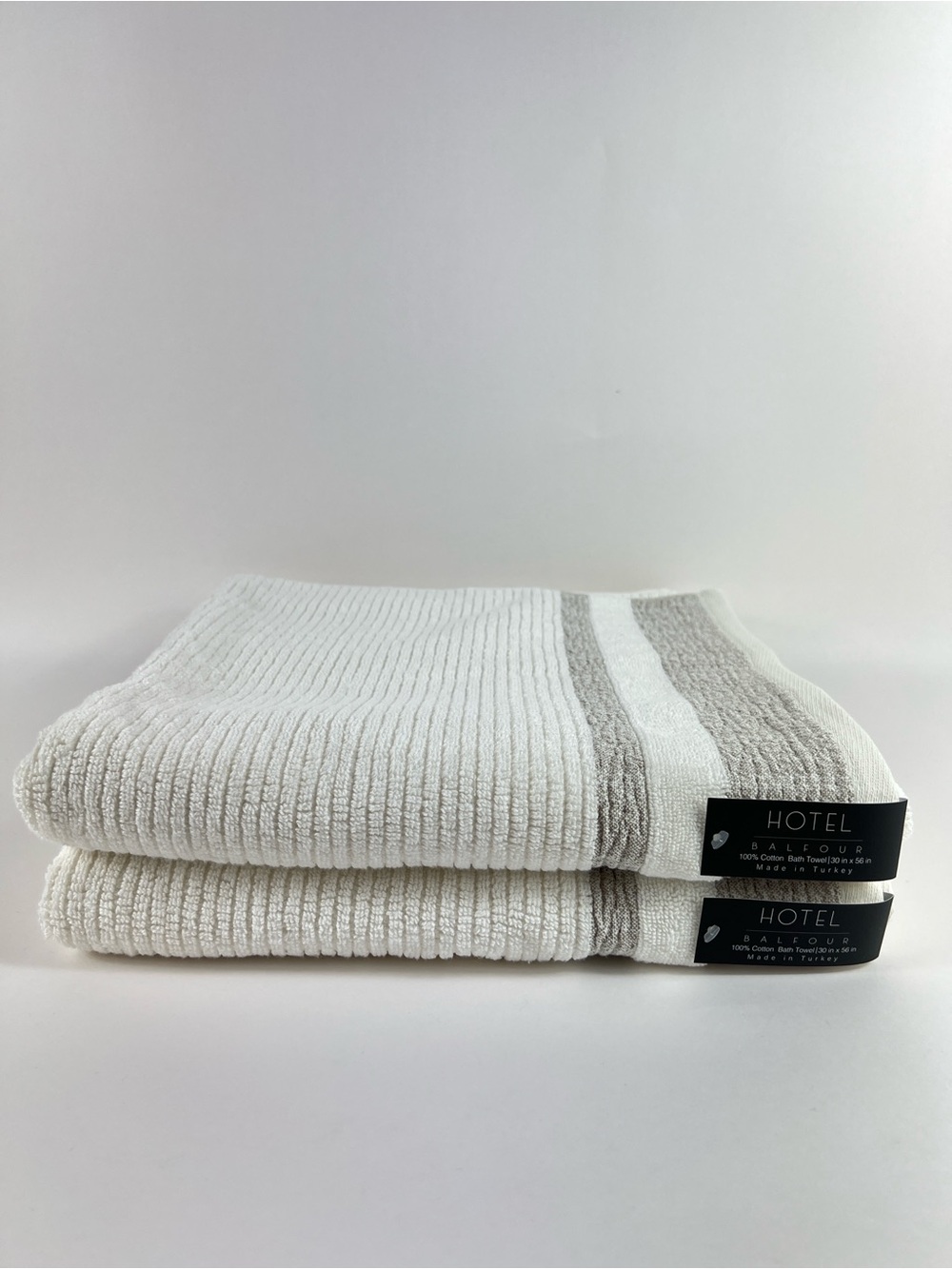 Hotel Balfour BathTowel Set White Tan Stripe Fringe Soft Turkish Cotton 2 Pc NEW